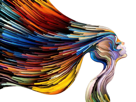 Abstract colorful profile of a woman with flowing hair.