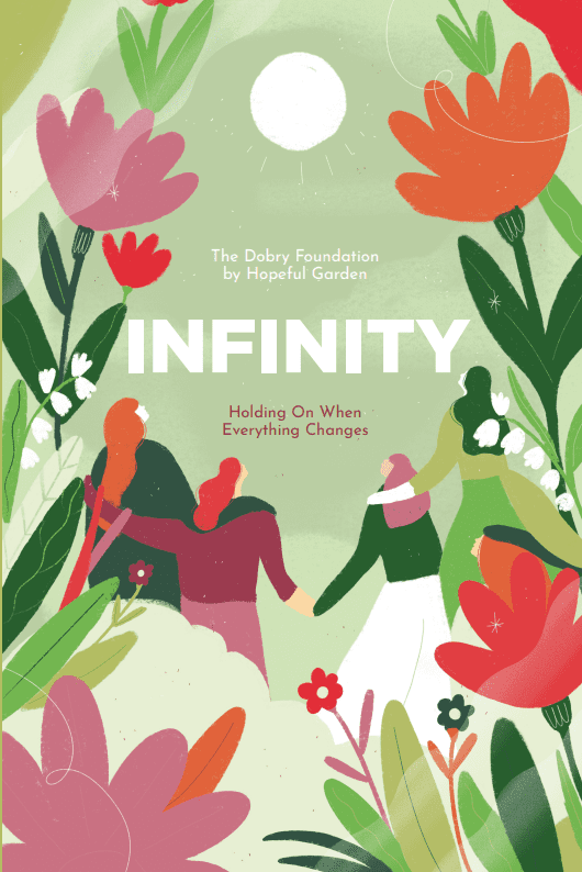 Illustration of two people reading together surrounded by large flowers and greenery.