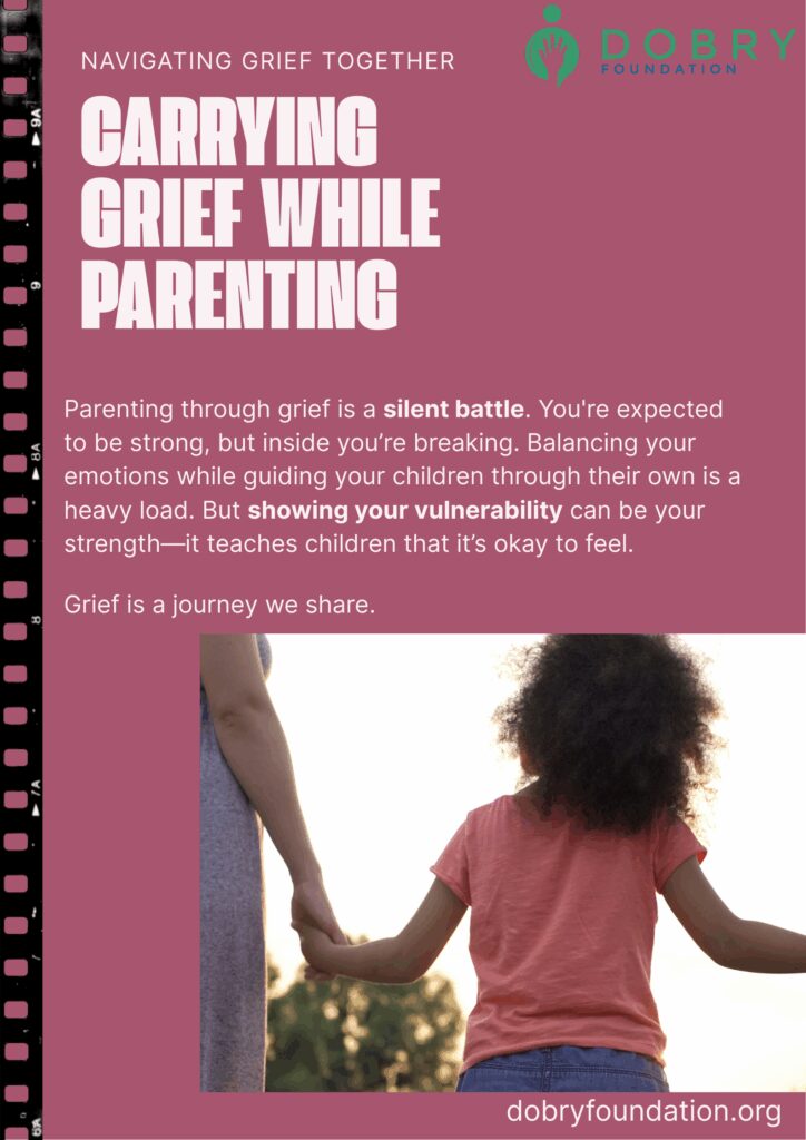 A parent holds a child's hand, symbolizing support during the silent battle of grief while parenting.