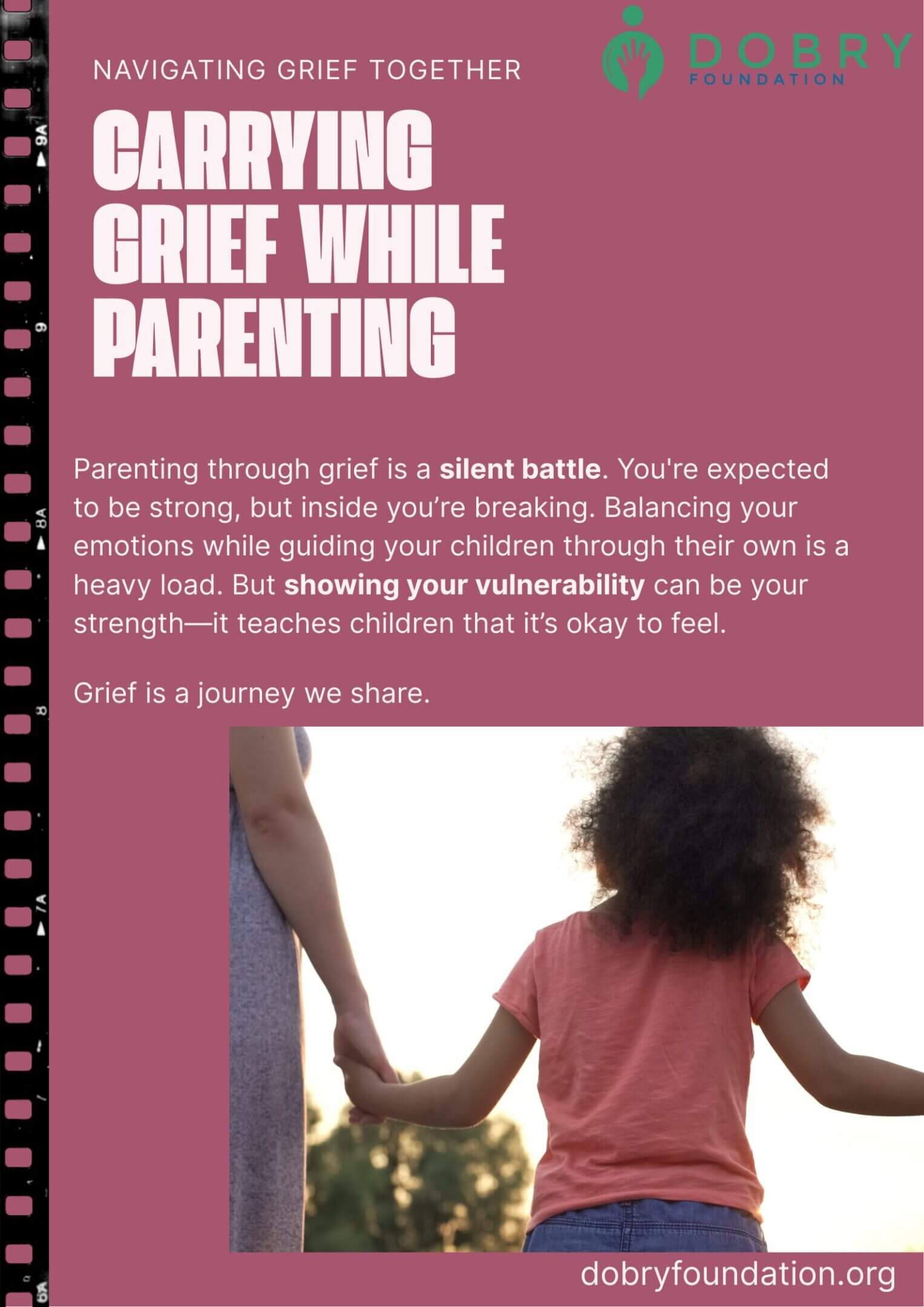 A parent holds a child's hand, symbolizing support during the silent battle of grief while parenting.
